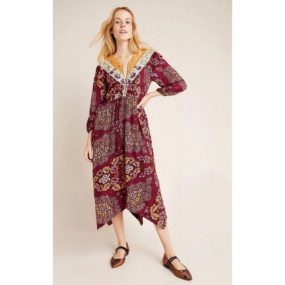 Maeve Anthropologie Burgundy Paisley Handkerchief Hem Midi Dress Embroidery XSP